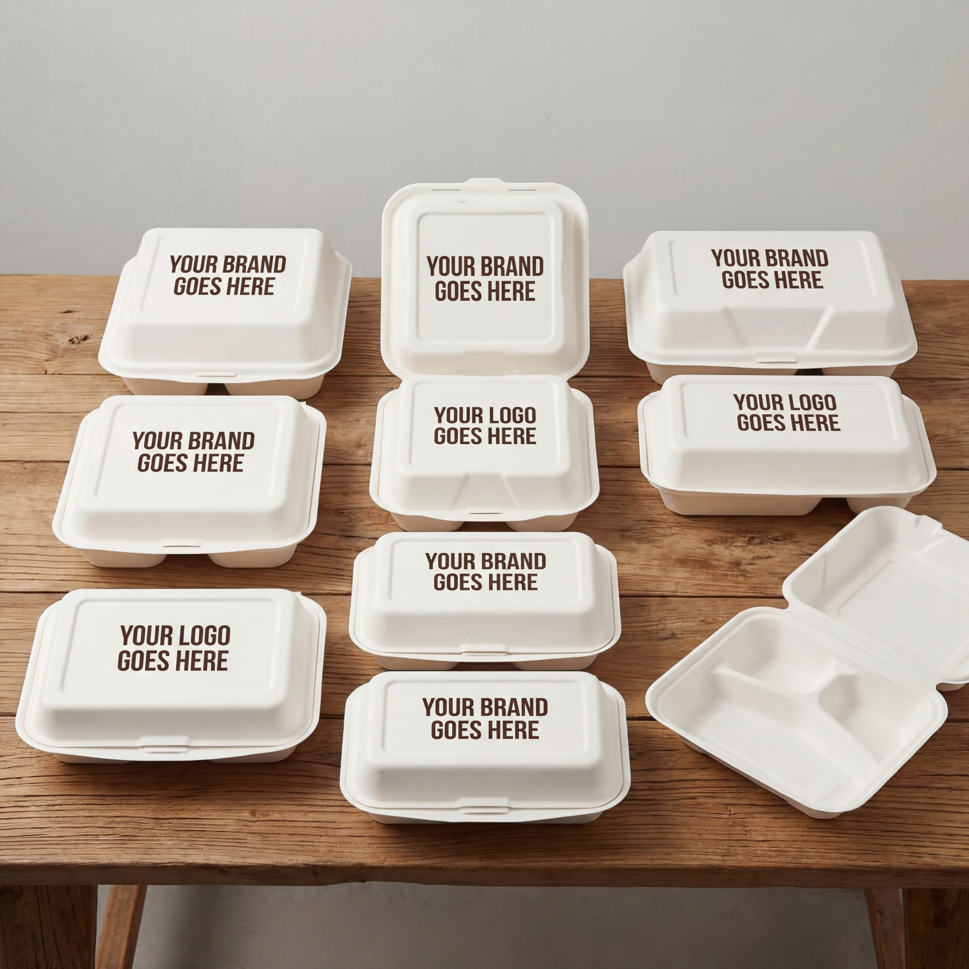 Small Bagasse Boxes (450ml) — 450ml custom printed bagasse clamshell boxes by Meridian Packaging UK