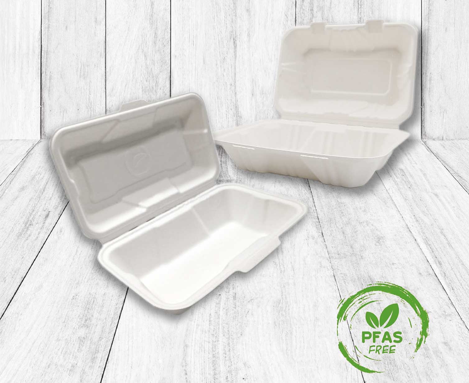 Custom printed bagasse clamshell boxes — eco-friendly takeaway food packaging by Meridian Packaging UK