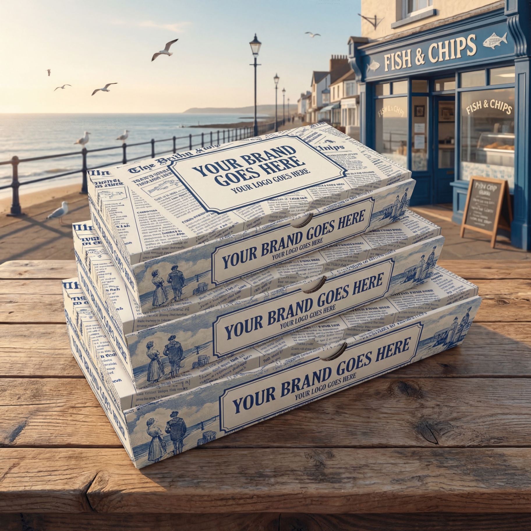 Small Fish & Chip Boxes (9″) — 9″ custom printed fish & chip boxes by Meridian Packaging UK