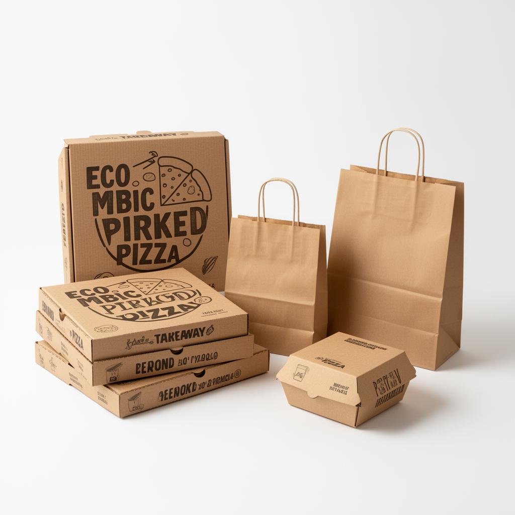Custom takeaway food packaging collection — eco-friendly pizza boxes, burger boxes, chicken boxes and paper bags by Meridian Packaging UK